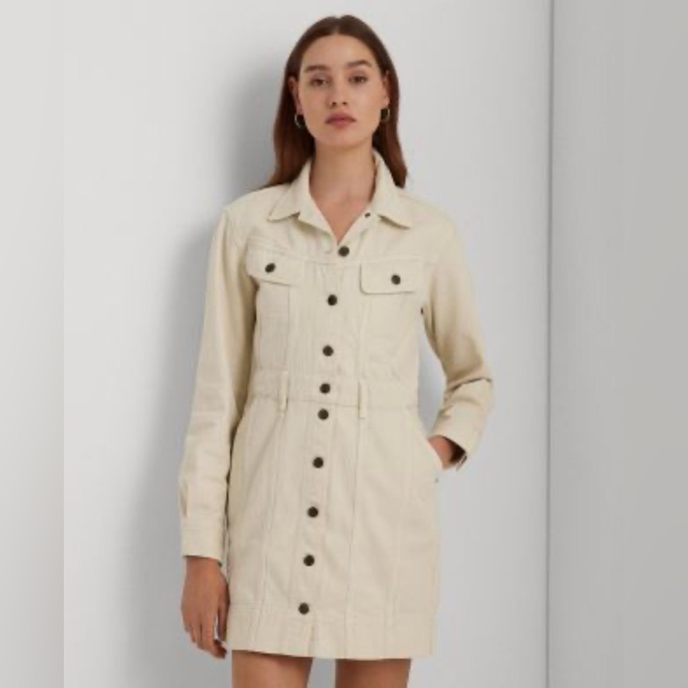 Lauren Ralph Lauren Denim Utility Shirt Dress Cream Women’s Size 6 Long Sleeve - Picture 2 of 13